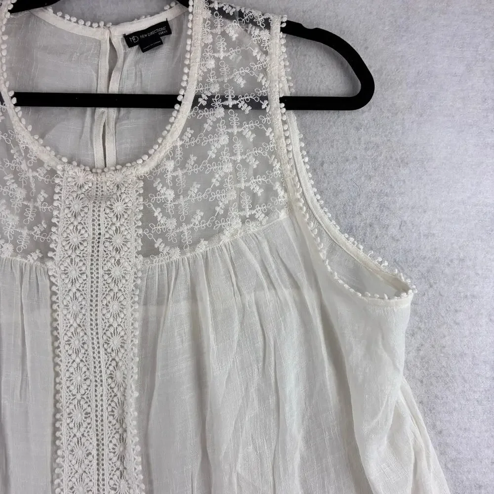 New Directions Sleeveless Blouse Womens 0X 14W Sheer Ivory Feminine Crochet Lace
